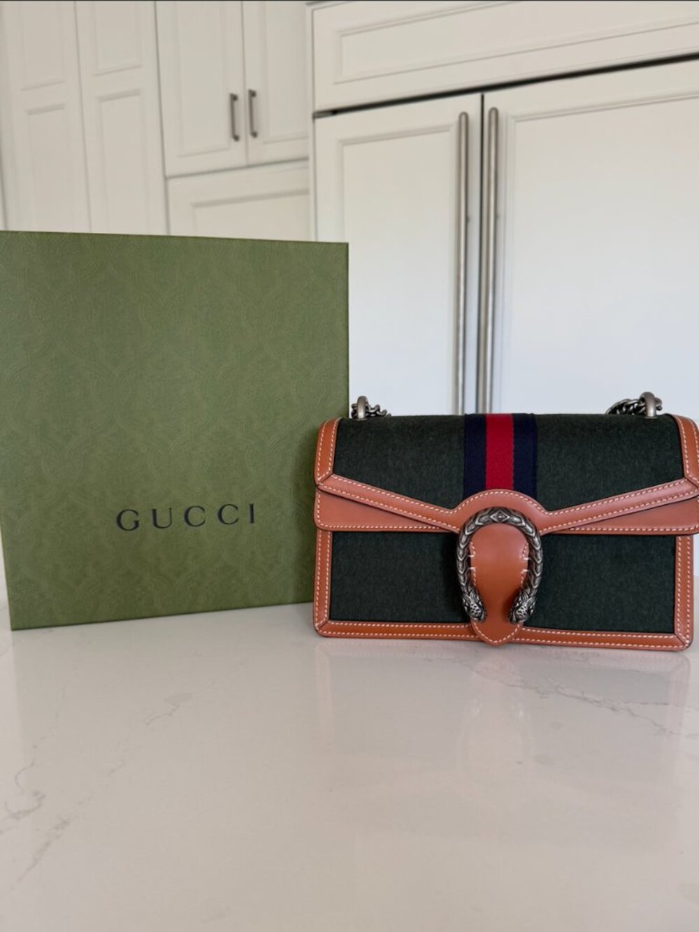 Gucci Dionysus Small Shoulder Handbag Dark Green Wool Web Stripe Full Set